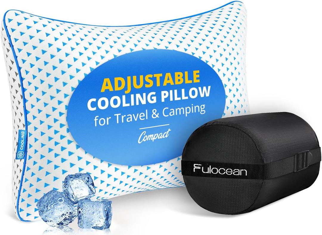 fulocean Small Cooling Memory Foam Pillow for Travel & Camping, Compressible Adjustable Pillow for Medium Firm Neck Knee Lumbar Support,Washable, Ideal Sleeping, Car, Airplane, Backpacking, Gifts