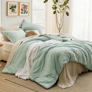 Bedsure King Size Comforter Set Sage Green, 7 Pieces Lightweight King Bedding Sets Boho, Bed in a Bag with Comforter, Sheets, Pillowcases & Shams, Contrasting Design