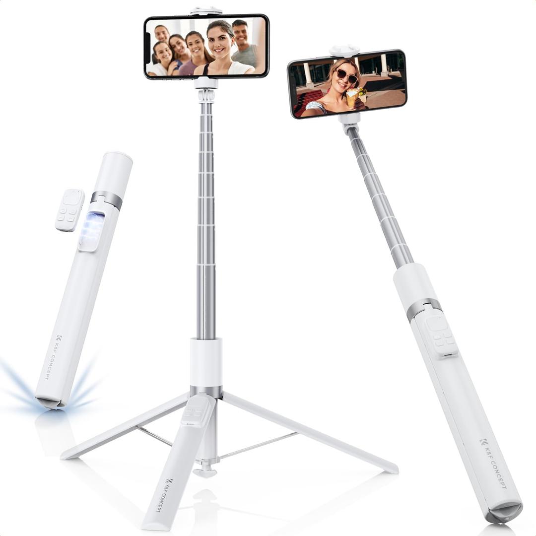 K&F CONCEPT Selfie Stick, Auto Open & Close Phone Tripod Stand, 360 Rotatable Selfie Stick with 9 Button Bluetooth Remote, Extendable Automatic Tripod for Cell Phone(White)