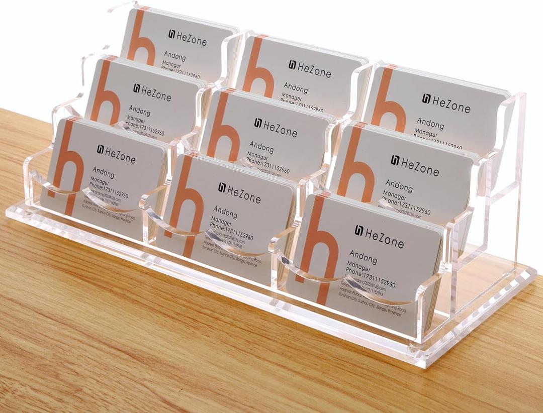 Business Card Holder for Desk, Multiple Cards Display Stand Rack for Women and Men, Clear Acrylic Card Organizer 9 Slot 3 Tiers