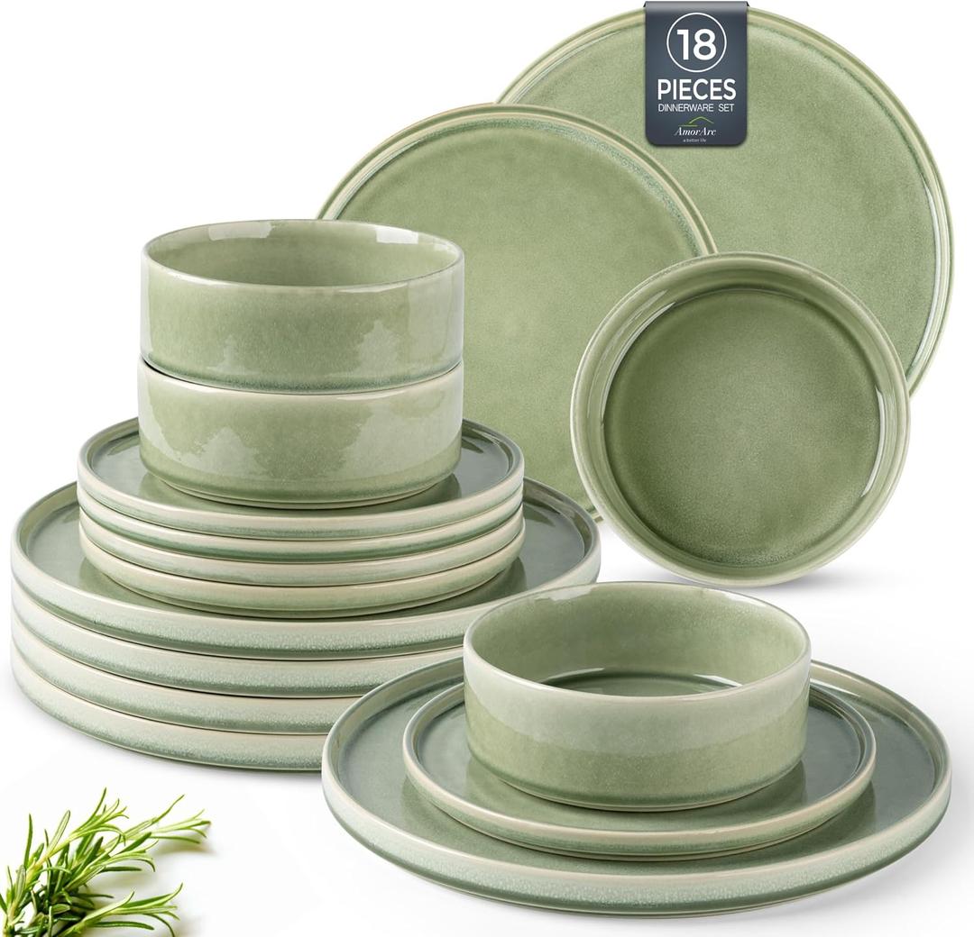 AmorArc Ceramic Dinnerware Sets, Handmade Reactive Glaze Stoneware Plates and Bowls Sets,Highly Chip and Crack Resistant | Dishwasher & Microwave Safe Dishes Set, Service for 6 (18pc) (Green)