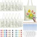 Cosblank 12 Pack DIY Floral Canvas Tote Bags Set with Paints Brushes Color Your Own Flower Craft Kit Reusable Handbags for Art Activities Parties Painting Gifts