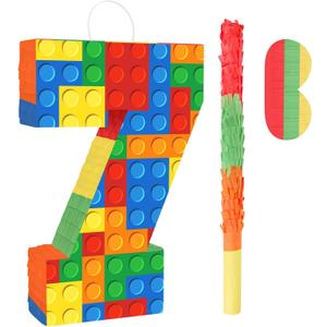 Number 7 Pinata with Blindfold and Bat Stick Building Block 7th Birthday Decorations for Kids Boys Girls Building Block Birthday Party Games Number Pinata for Fiesta