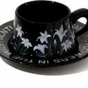 Cute Ceramic Coffee Mug and Saucer Set for Women, Spring Floral Embossed Design, 9.5oz/280ml, Perfect for Home, Office & Holiday Gifts (Black Lily)