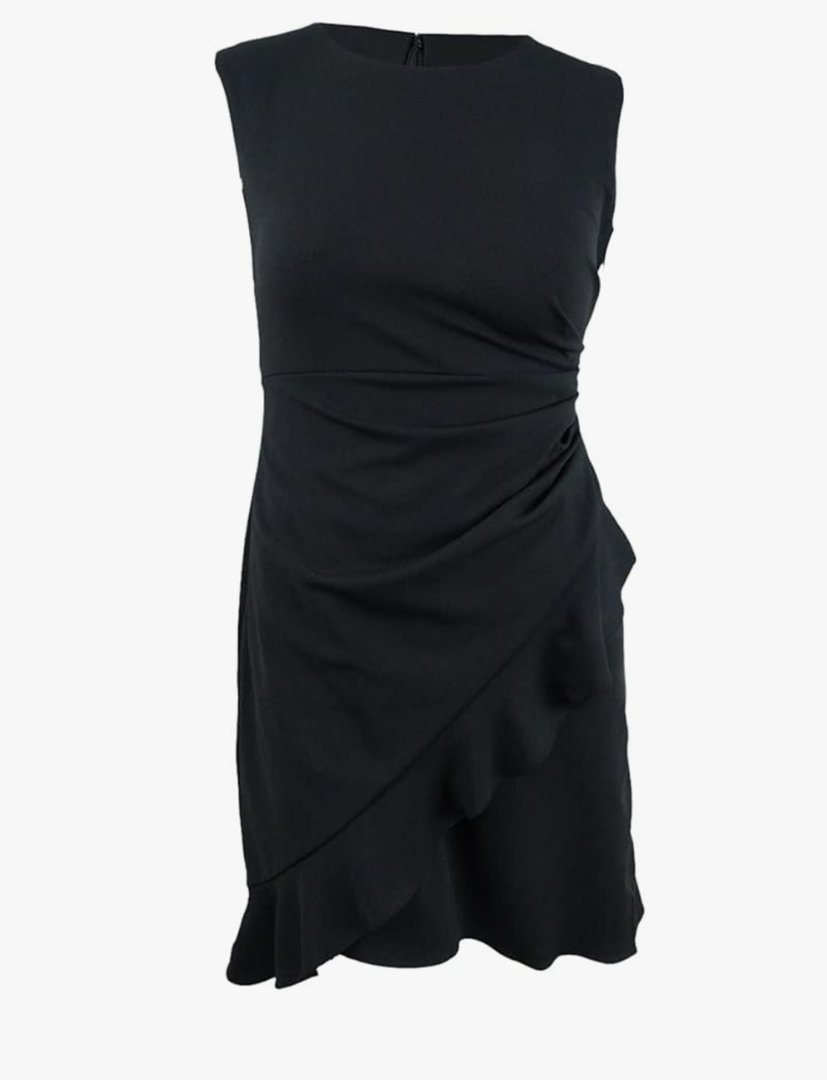 DKNY Women's Side Ruche with Ruffle Drape Skirt A-Line Dress, Black, XXL