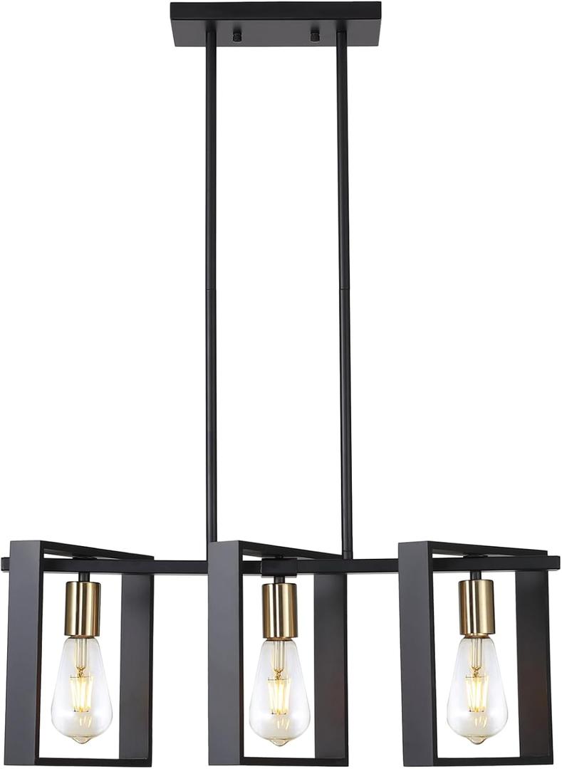 9MMML 3 Lights Kitchen Island Lighting, Modern Rectangle Linear Pendant Light, Black Frame+ Gold Socket Chandelier for Dining &Living Room Foyer Entryway Hallway,E26,Height Adjustable.