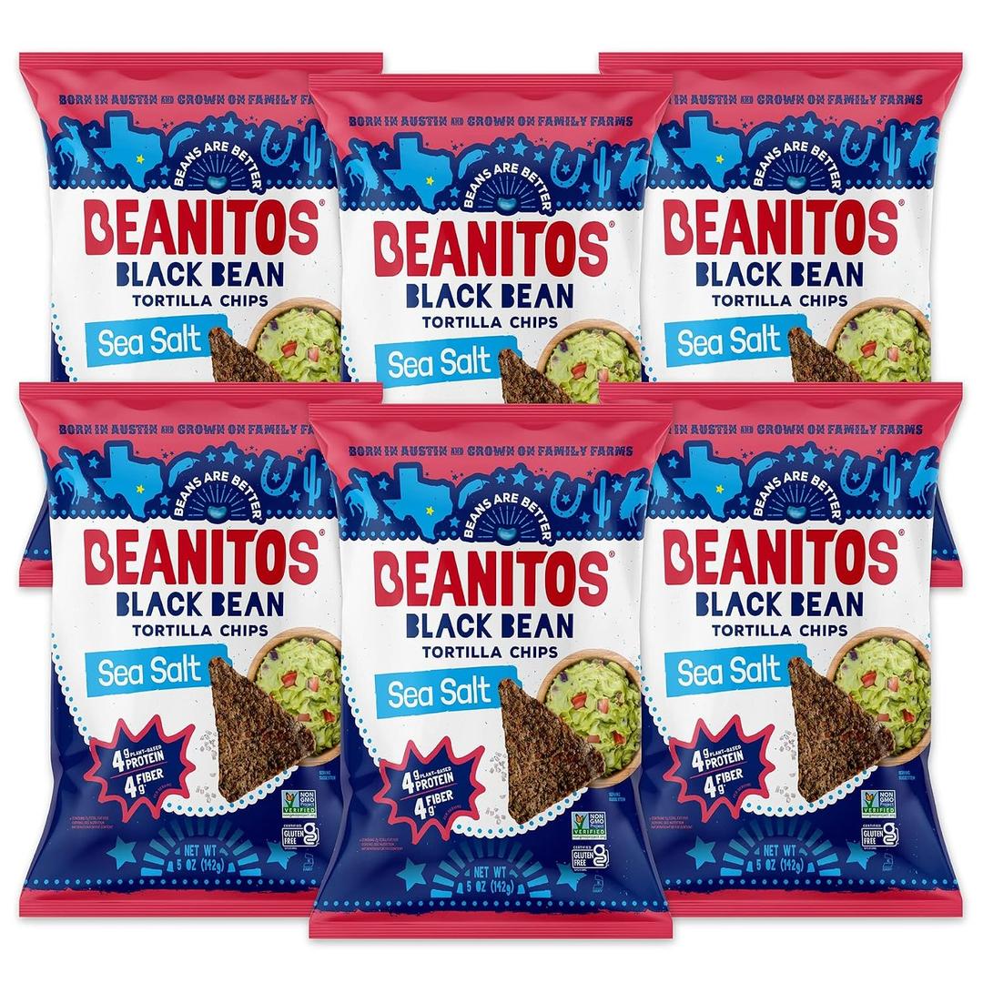 Beanitos Black Bean Chips - Original Sea Salt - (6 Pack) 5 oz Bag - Black Bean Tortilla Chips - Vegan Snack with Good Source of Plant Protein and Fiber (EXP 10/12/26)
