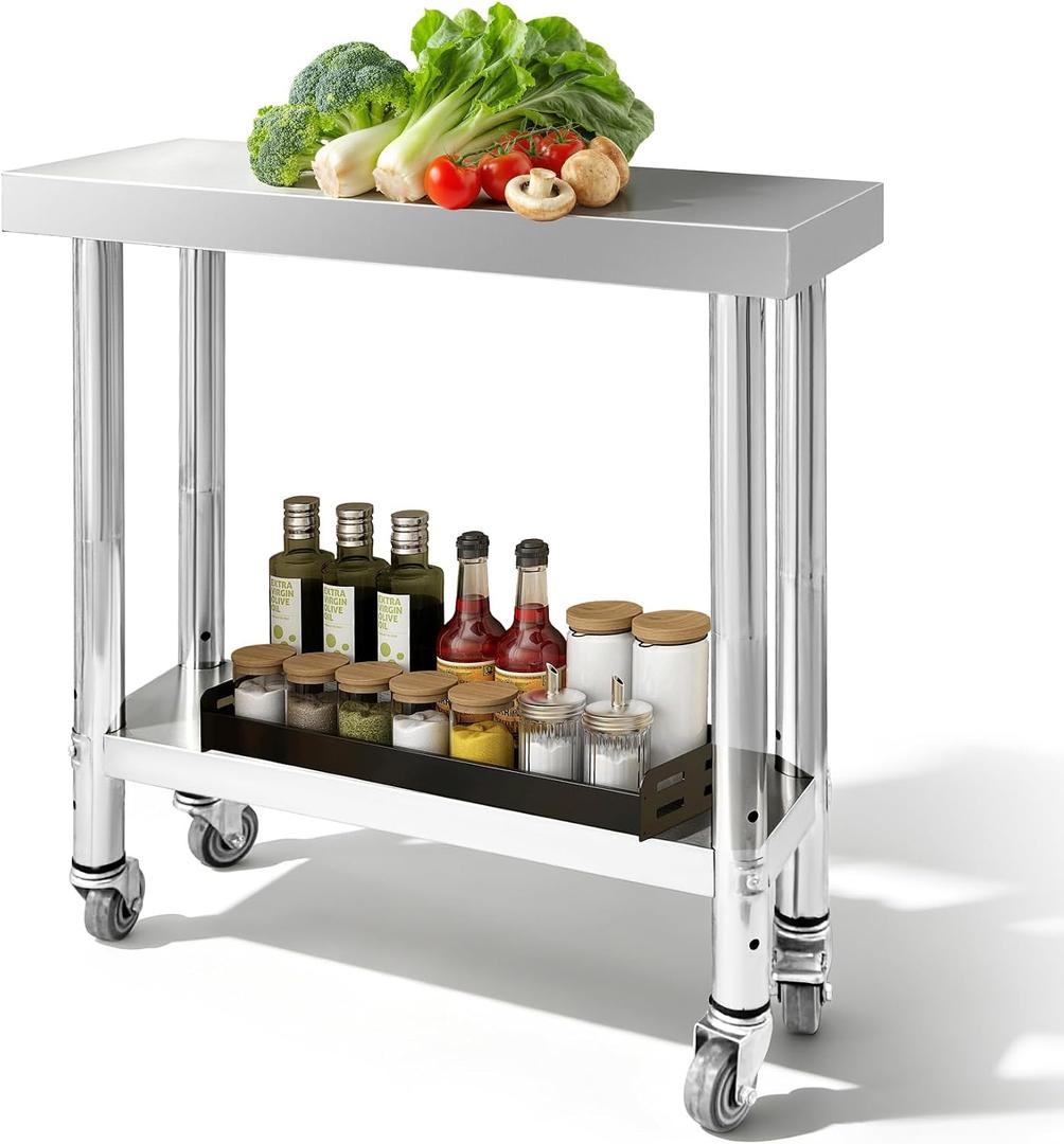 Stainless Steel Work Table with 4 Wheels 30 x 12 x 34 Inch Adjustable Metal Commercial Prep Workstation 2-Tier Heavy Duty Mobile Work Station Suitable for Kitchen Restaurant Hotel Garage