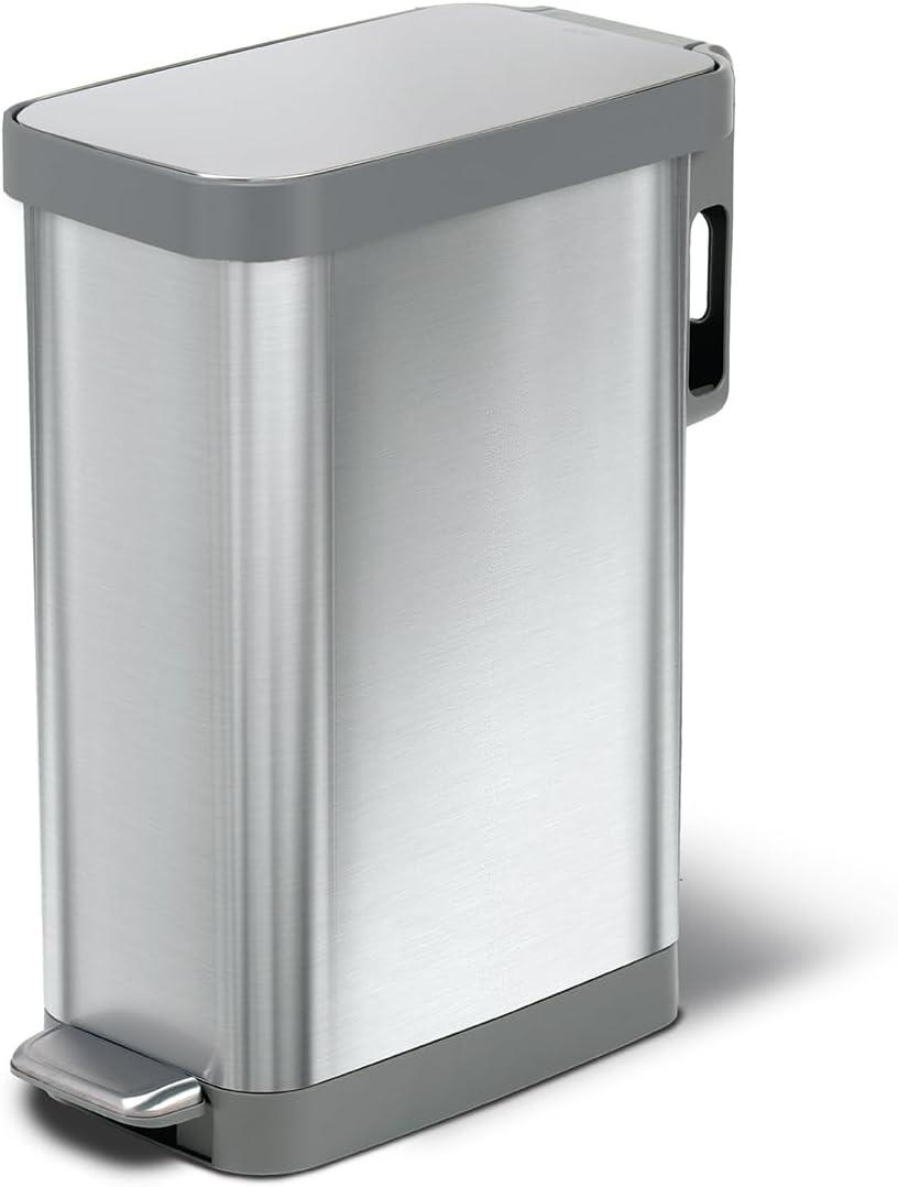Glad Slim Trash Can with Clorox Odor Protection - Narrow Kitchen Garbage Bin with Soft Close Lid, Step On Foot Pedal and Waste Bag Roll Holder, All Stainless, 12 Gallon/45 Liter