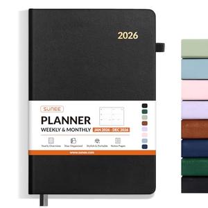 SUNEE 2026 Weekly & Monthly Hardcover Planner 5.5" x 8.3" - 12 Month (January 2026 - December 2026), Small Hardcover Planner, Pocket, Notes, 100 GSM Paper, Black