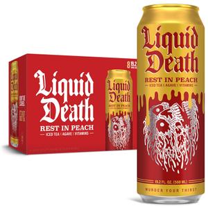 Liquid Death, Rest in Peach Iced Tea, 8-Pack (19.2oz Cans), Peach Flavored Back Tea, Low Calorie, No Artificial Sweeteners, B12 & B6 Vitamins Best By 12/04/26