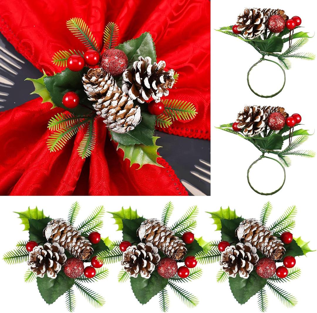 Patelai Christmas Napkin Rings Set of 6 Pine Cone Napkin Rings Holders with Berries Leaves Xmas Serviette Buckle Holder for Christmas, Dinner, Parties, Wedding, Holiday Dining Table Decor