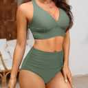Women's High Waisted Bikini Set Large Bust Supportive Crossover Back V-Neck Two-Piece Swimsuit Bathing Suits (L)