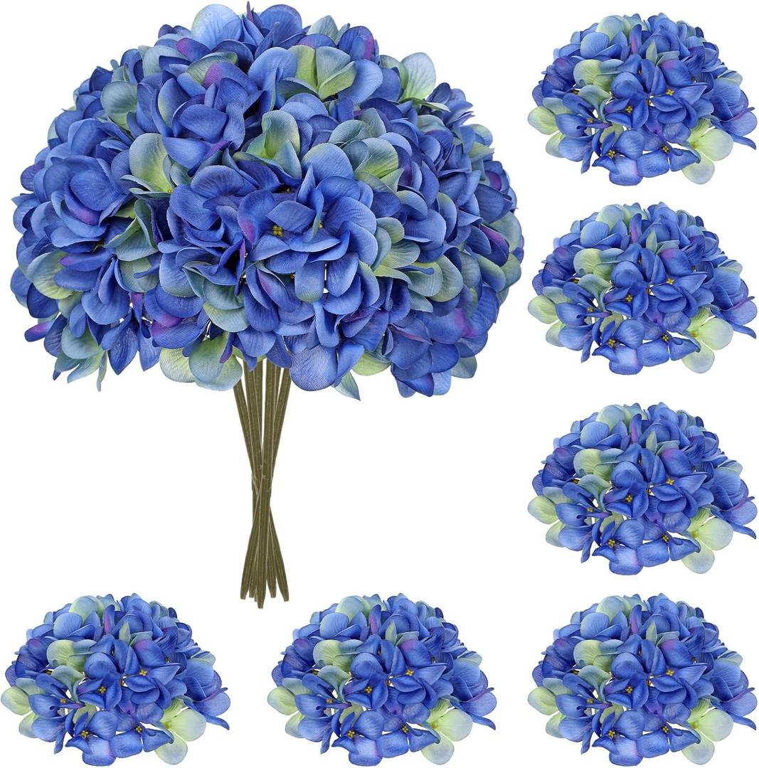 Hollyone 6 Pcs Blue Hydrangea Artificial Flowers Heads with Stems Silk Faux Hydrangea Blue Fake Flowers for Home Indoor Outdoor DIY Floral Wedding Flower Bouquets Kitchen Table Centerpiece Decor