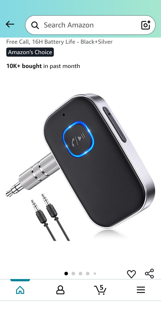 COMSOON Bluetooth Receiver for Car, Noise Cancelling 3.5mm AUX Bluetooth Car Adapter, Wireless Audio Receiver for Home Stereo/Wired Headphones, Hands-Free Call, 16H Battery Life - Black+Silver