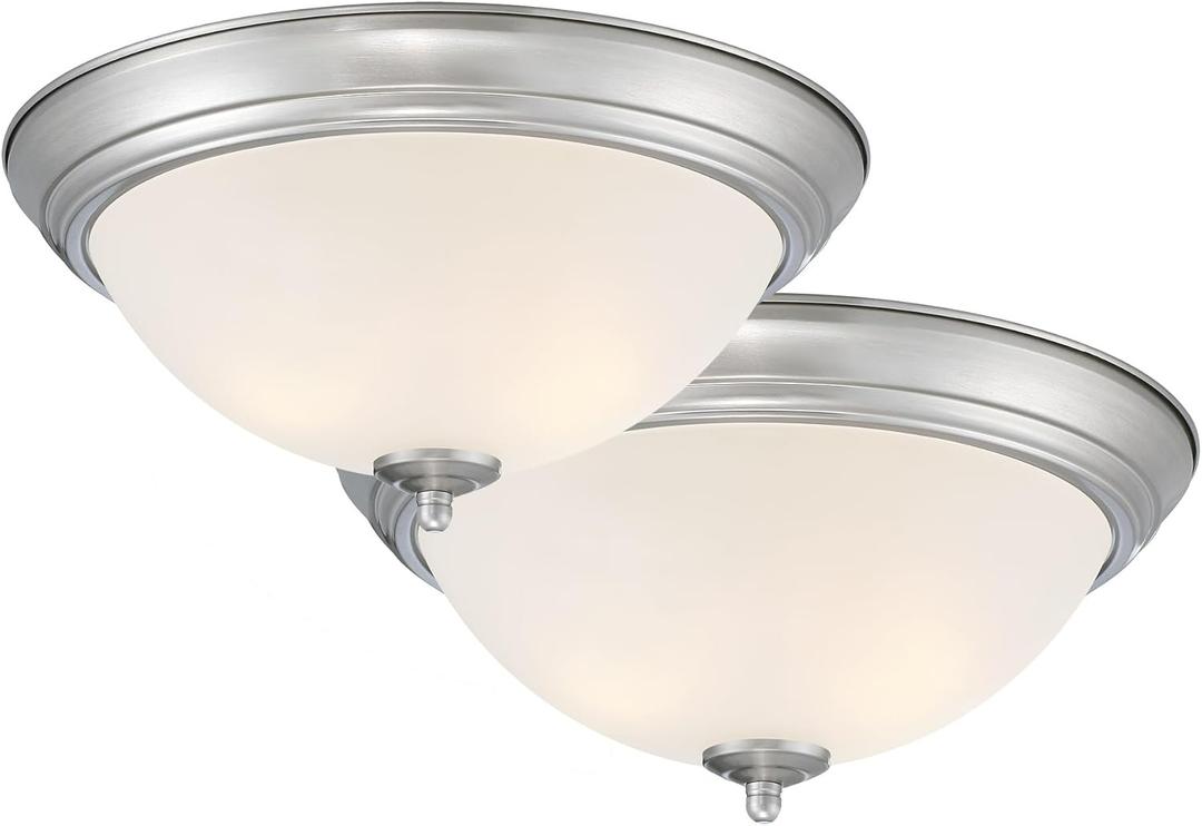 Designers Fountain Flush Mount Ceiling Light, 2-Pack, 13 Inch Frosted Glass Lighting Fixture for Kitchen, Bedroom, Bathroom, and Hallway, LED Bulbs Not Included, Brushed Nickel