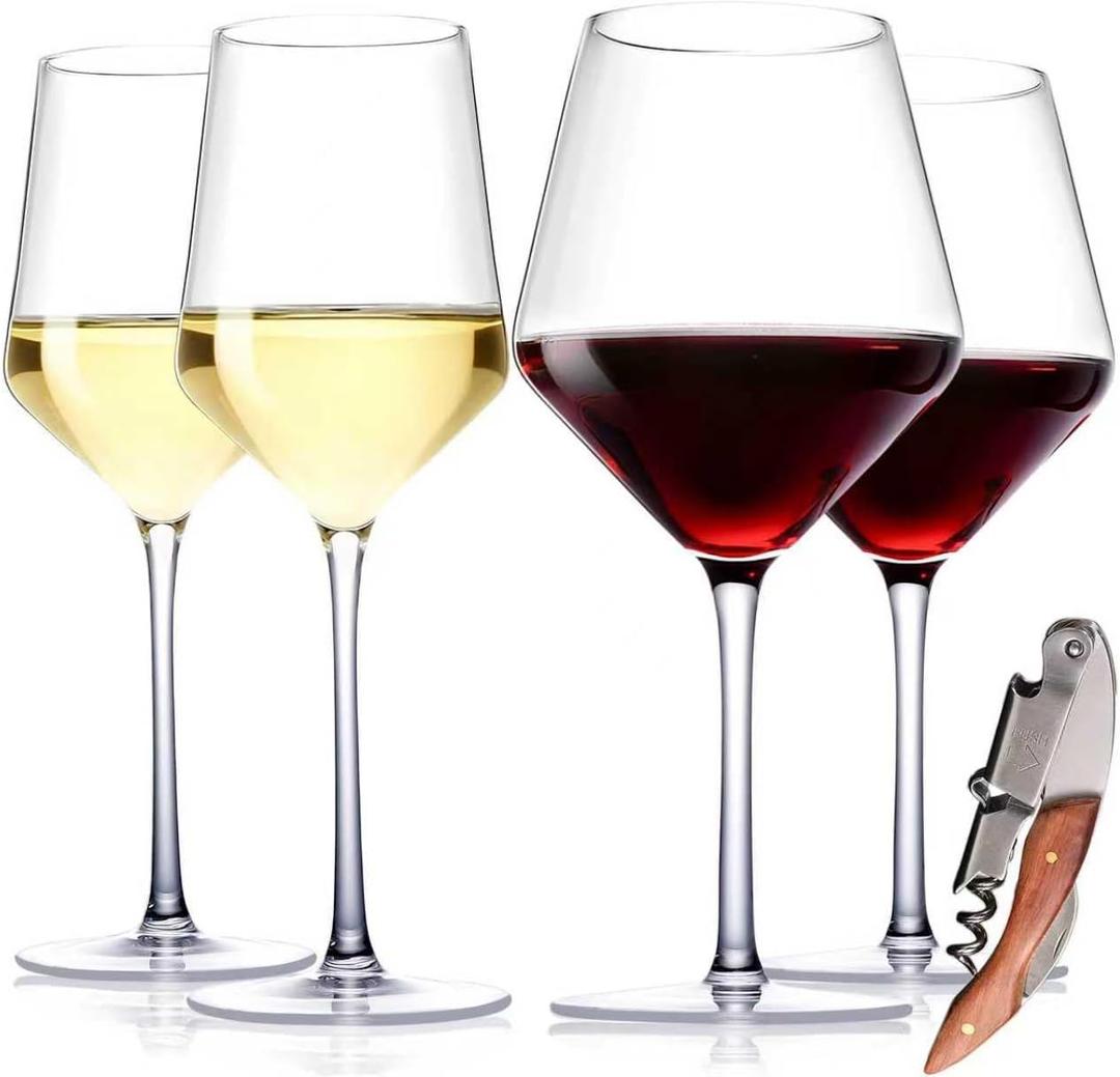 Physkoa Wine Glass Set of 4  2 Red Wine (23oz) & 2 White Wine (14oz) Hand-Blown Crystal Glasses with Corkscrew, Perfect for Christmas, Wedding & Housewarming Gifts (Modern)