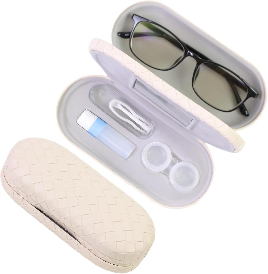 2 in 1 Contact Lens Case and Eyeglasses Case for Women Men Kids, Double Sided Hard Shell Portable Glasses Travel Holder with Built-in Mirror, Contact Lens Box Storage Kit, White