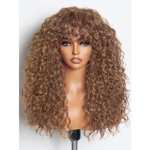 GORGIUS Veralux Blend Human Hair Curly Wig with Bangs Cinnamon Brown Shaggy Curl Glueless Bang Wig with True Scalp Upgraded with Natural Human-Hair-Like Premium Synthetic Fiber (20 Inch)