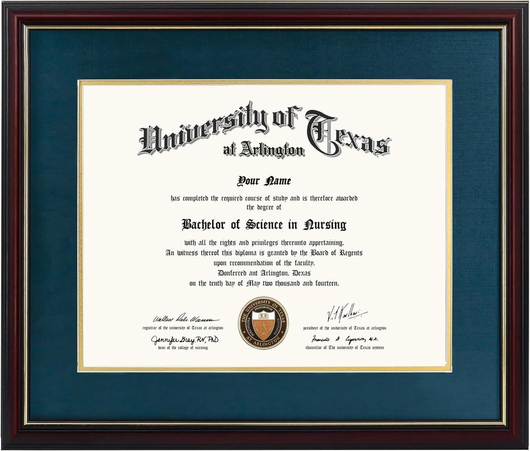 Graduation Mall 11x14 Diploma Frame with Navy over Gold Mat or Display 15x18 Certificate without Mat, Solid Wood & Tempered Glass, Cherry Finish with Gold Trim