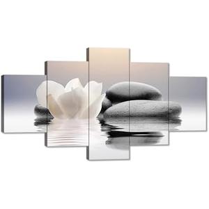 YIOZHAOFH Zen Canvas Wall Art-2 Pieces Lotus Bloom in Lake with Spa Stone Prints Picture for Yoga Meditation Room Zen Office Bathroom Pictures Wall Decor Modern Framed (60"" x 32""), YZ-Lotus02-5P03