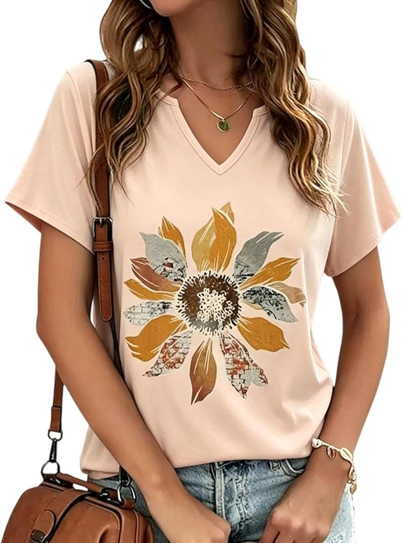 Womens Vintage Sunflower Graphic T-Shirt V Neck Short Sleeve Floral Tees Casual Loose Fit Summer Tops(XL,Beige-3-229) (XL)