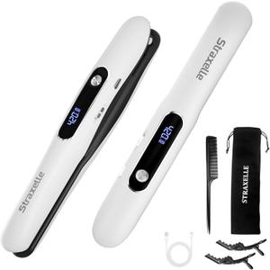 Mini Cordless Hair Straighteners and Curler,5000mAh Rechargeable Travel Straighteners Cordless with LED Display,2 in 1 Portable Flat Iron Hair Straightener 3 Temp Levels for Fine to Thick Hair (White)