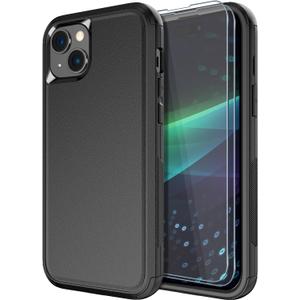 Diverbox for iPhone 15 Case [Shockproof] [Dropproof] [Tempered Glass Screen Protector ],Heavy Duty Protection Phone Case Cover for Apple iPhone 15 6.1 inch (Black -3in1)
