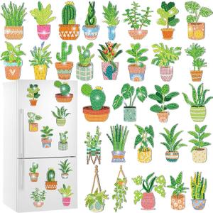 Xuhal 30 Pcs Potted Plants Diamond Painting Magnets Green Plants Diamond Art Magnet Kits for Adults Green Refrigerator Magnetic Sticker 5D Rhinestone Fridge Stickers for DIY Crafts Beginners Gifts