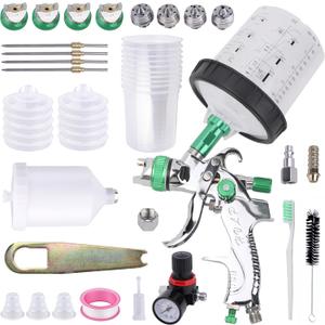 HVLP Spray Gun with 10Pcs 600ML Disposable Paint Cups, 4 Nozzles,1.4/1.7/2.0/2.5mm, Automotive Gravity Feed Paint Spray Gun Kit with Air Compressor Regulator for Auto (Green)