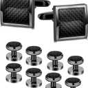 10Pcs Cufflinks for Men Classic Design Carbon Fiber Cufflinks Tuxedo Shirt Stud Set for Wedding Business Birthday Meeting Black Tone Cufflinks