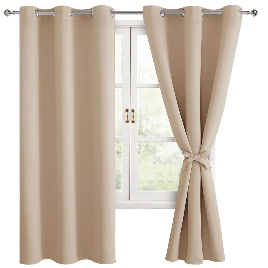 Hiasan Room Darkening Window Curtains for Bedroom, Thermal Insulated, Energy Saving Blackout Curtains, Set of 2 Panels, Sewn with Tiebacks, Grommet Top (Greyish White, Width 42 Inch x Length 63 Inch)