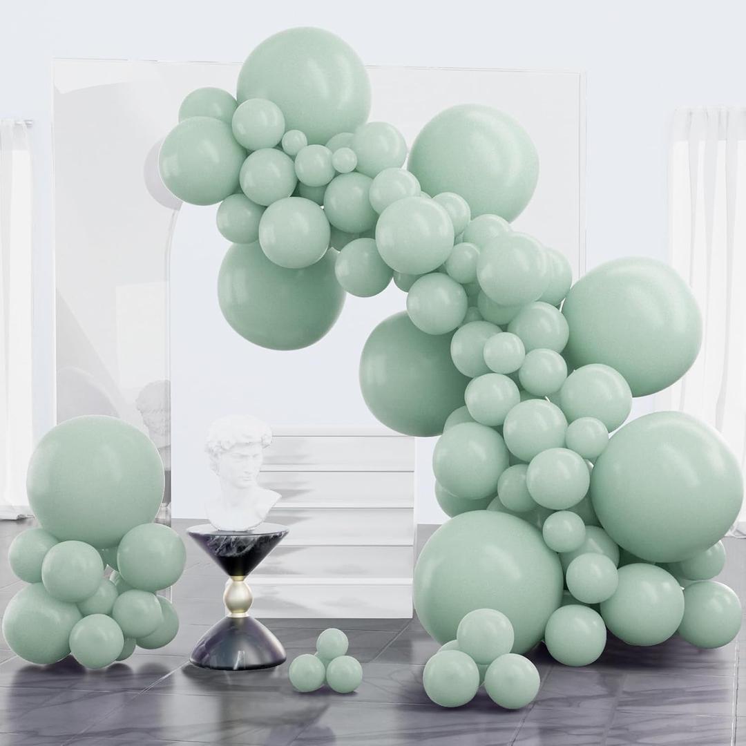 PartyWoo Dusty Green Balloons 100pcs Different Sizes Pack of 18 12 10 5 Inch Sage Olive Eucalyptus Green Boho Neutral Balloon Arch Kit for Jungle Dinosaur Theme Birthday Party Decorations Green-F35