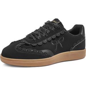 LUCKY STEP Women’s Lace Detail Casual Sneakers Organza Ribbon Lace-Up Fashion Vintage Gum Sole Trendy Cute Shoes(Black,7)
