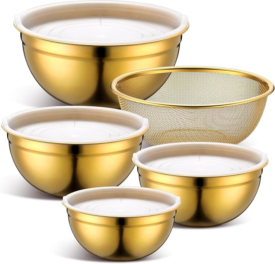 Gold Mixing Bowls with Airtight Lids Stainless Steel Mixing Bowl Set of 5, 4 Metal Nesting Organizers 4 in 1 Colander Non-slip Bottom Size 1.5, 2.0, 2.5, 4.0 Qt for Baking Serving Food