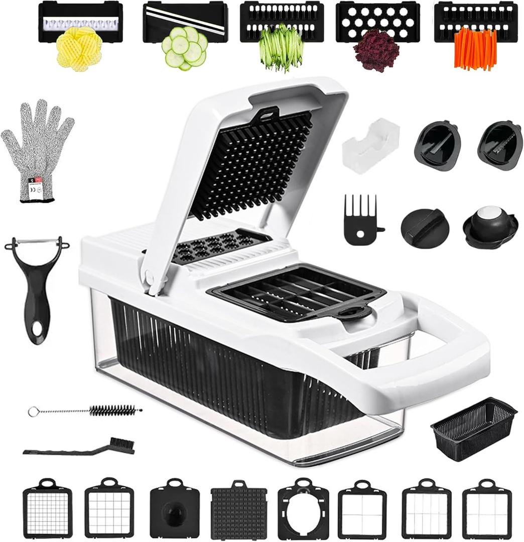 26-in-1 Vegetable Chopper with 8 Blades, Veggie Slicer & Dicer, Food Chopper with Container & Lid, Onion Chopper, Salad Chopper, Multi-Purpose Kitchen Tool for Easy Meal Prep (Black & White)