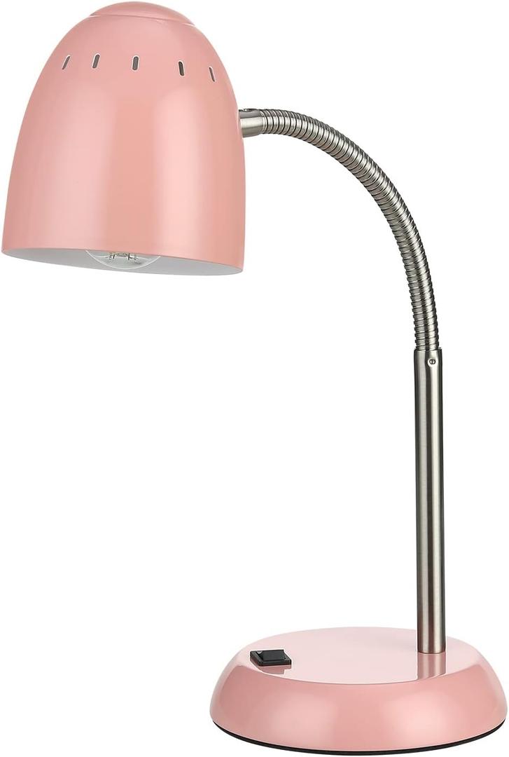 Eye-Caring Table Lamp of Simple Designs Home E26 Led Screw Basic Metal Desk Lamp with Flexible Gooseneck Hose Neck Study Lamp for Bedroom Office Living Room Convenient On/Off Switch (Pink)