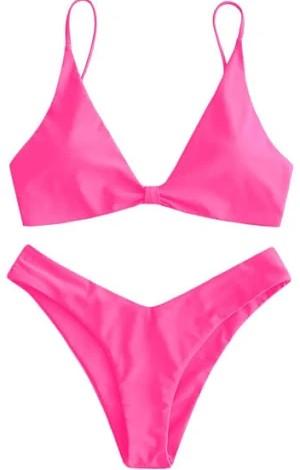 ZAFUL Women's Tie Knot Front Spaghetti Strap High Cut Bikini Set Swimsuit (Medium, 1- Neon Pink)