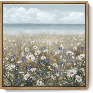 amatop Framed Wall Art Bathroom Dcor Boho Beach Coastal Vintage Floral Wall Picture Flower Daisy Flowers by Sea Canvas Print Nautical Small Artwork For Home Farmhouse Living Room Bedroom Office (13.5L" x 13.5W")