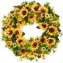 BOMAROLAN Artificial Sunflower Wreath 20 Inch Summer Fall Large Wreaths Springtime All Year Around Flower Green Leaves for Outdoor Front Door Indoor Wall Or Window Décor