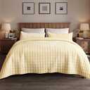 Fleeco Double-Sided Velvet Quilt King Size Comforter Set, 108"x 96" Lightweight Velvet Bedding Set, Ultra Soft Bedspread with 2 Matching Shams, for All Seasons, Cream Yellow, King/Cal King