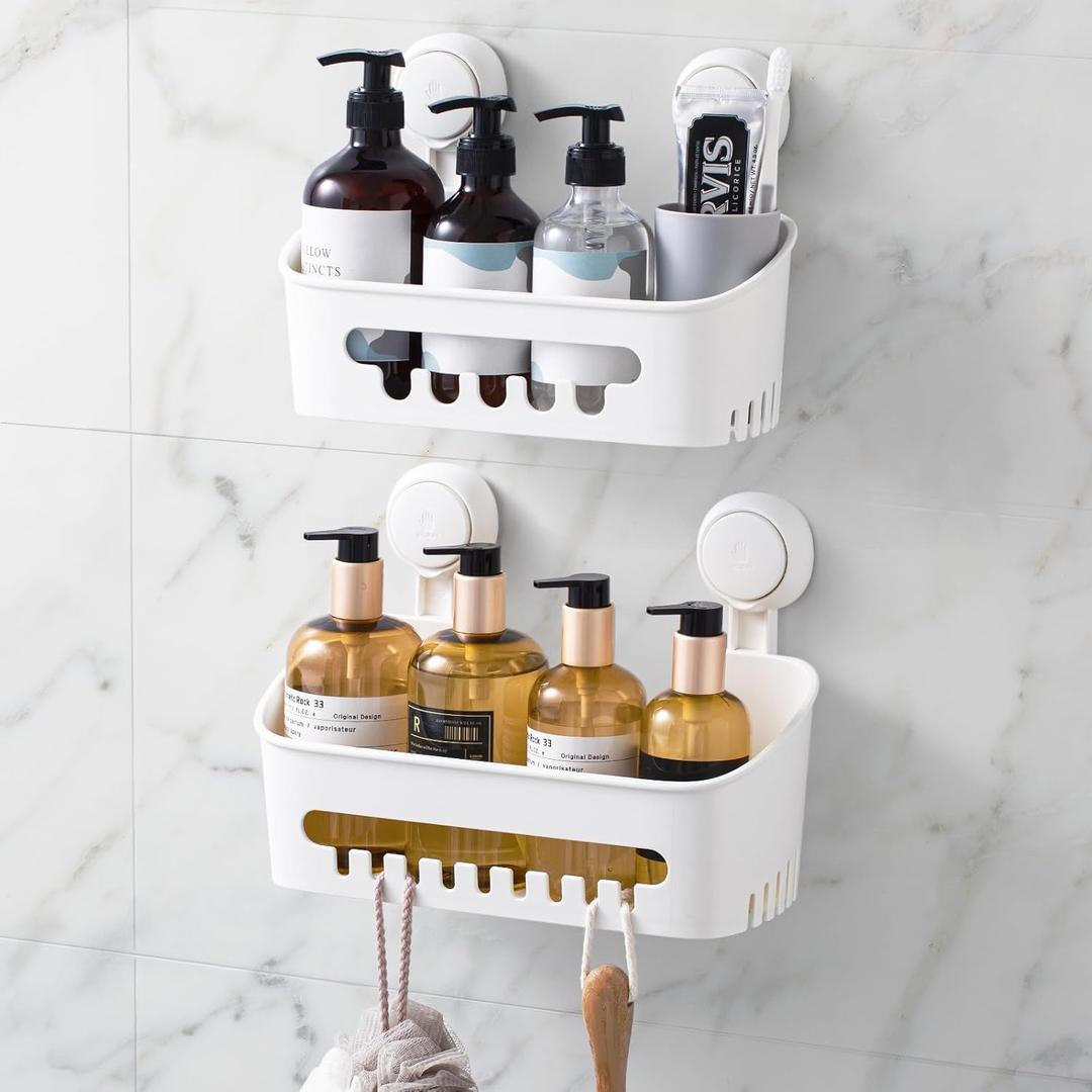 LEVERLOC Shower Caddy Suction Cup, Shower Organizer Removable Bathroom Shelf, Storage Suction Powerful Max Hold 22lbs Bathroom Caddy Waterproof Holder, White, 2 Pack (Medium+Large)