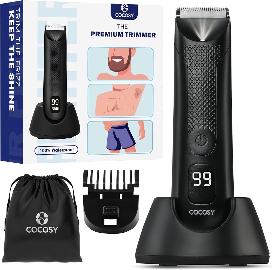 Body Hair Trimmer for Men - Ball Trimmer, Ceramic Blade, Waterproof Electric Groin Hair Trimmer with Standing Recharge Dock & Travel Pouch, Male Hygiene Razor