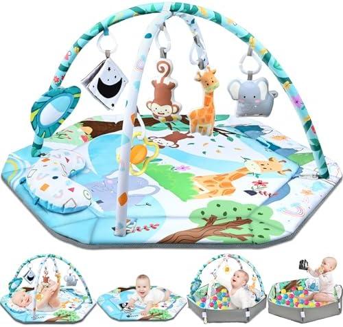 Baby Gym Play Mat, 8-in-1 Tummy Time Mat & Ball Pit with 6 Toys, Washable Baby Activity Play Mat for Visual, Hearing, Sensory, Motor Development, Baby Toys Gift for Toddler Infant 0-3-6-9-12 Months