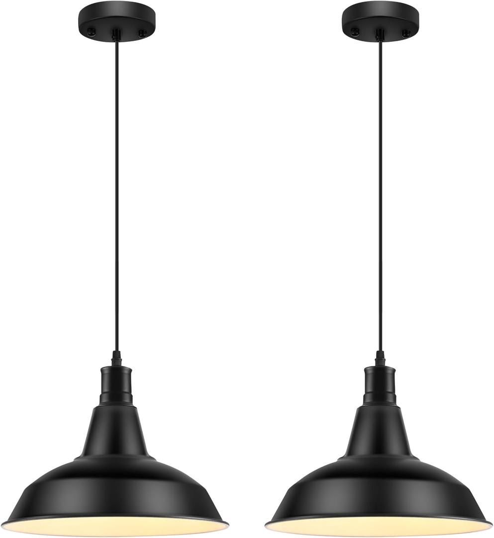 LOEHINLE Pendant Light Fixtures, 2Pcs Farmhouse Kitchen Island Lights Fixture, Industrial Hanging Pendant Lighting for Dining Room Bedroom, Black Metal Pendant Lamp, E26 Base, 12.2in
