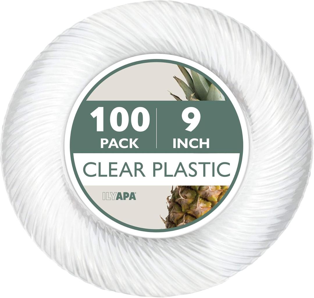 Ilyapa 100 Pack 9 Inch Disposable Dessert Plates, Plastic Clear Party Sets for 100 Guests, Clear Appetizer and Cake plates 9", Party & Dinner Accessories, Round Smooth