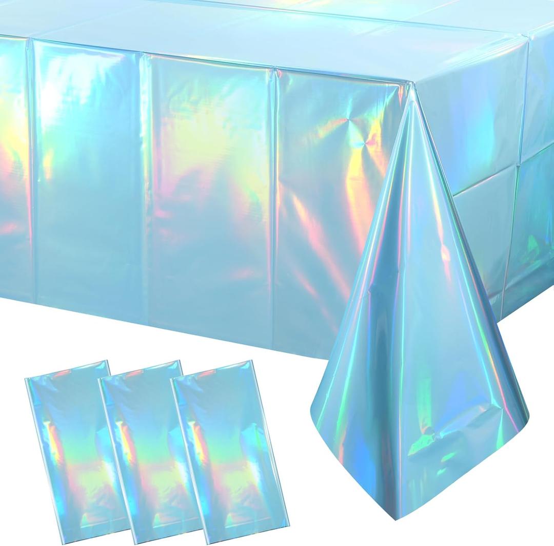 3 Pack Iridescent Light Blue Tablecloth for Parties, Pastel Blue Holographic Plastic Table Cover, Disposable Laser Baby Blue Table Cloth for Birthday Wedding Baby Shower Party Decorations, 54x108 Inch