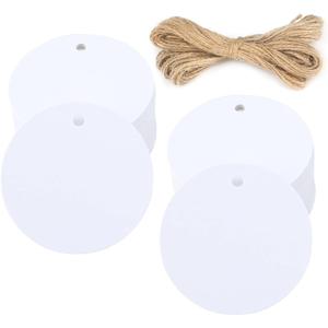G2PLUS 100PCS White Gift Tags with String2.2'' Round Paper Tag Blank Hang Tag Circle Tags with Holes for Craft Projects, Xmas Gift, DIY Wedding Favor Bag
