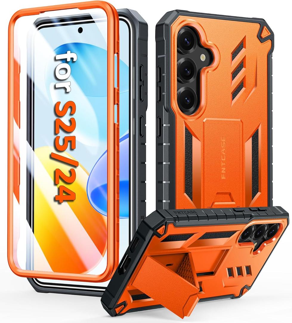FNTCASE for Samsung Galaxy S25 Case: for Galaxy S24 Case Military Grade DropProof Protection Cover with Kickstand | Matte Textured Rugged Shockproof | Protective Sturdy Phone Case - 6.2 inch Orange