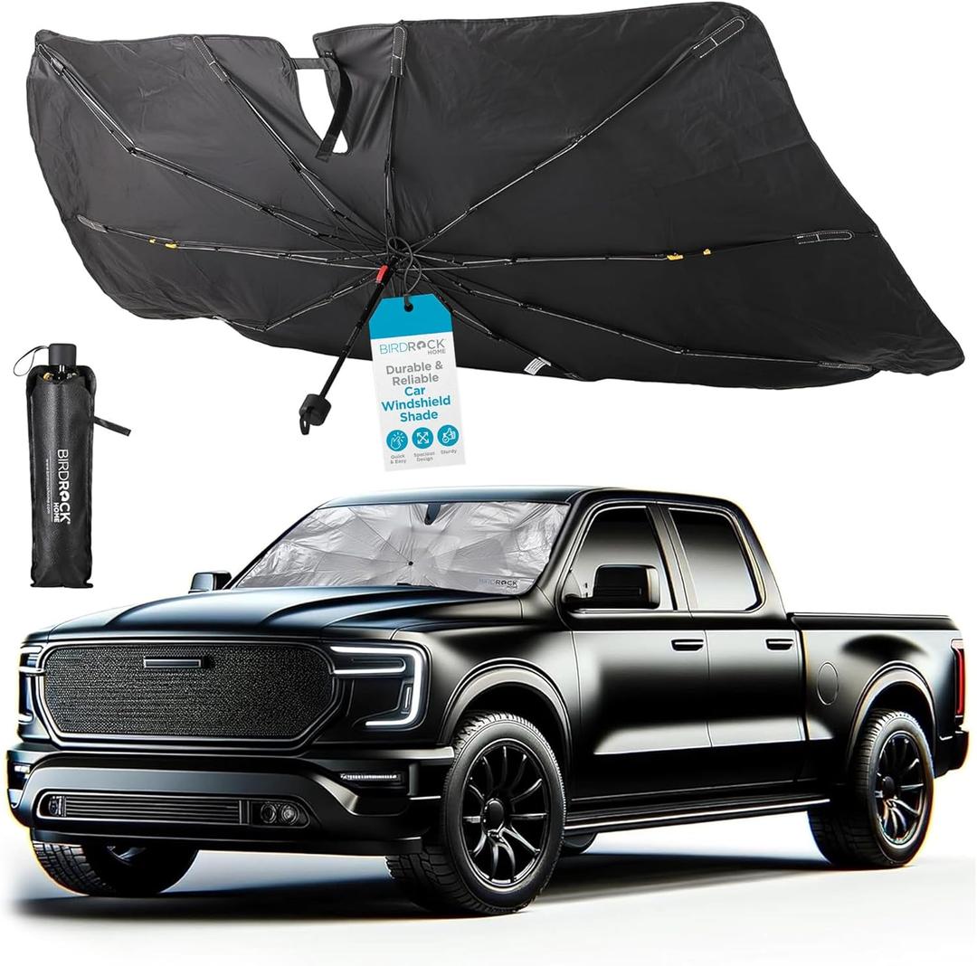 BIRDROCK HOME Car Windshield Sun Shade Umbrella - Foldable Cover UV Block for Front Window, Sunshield for SUV, Truck & Sedan, Protect Interior from Sun, Heat, & Wind - Extra Large - Black & Silver